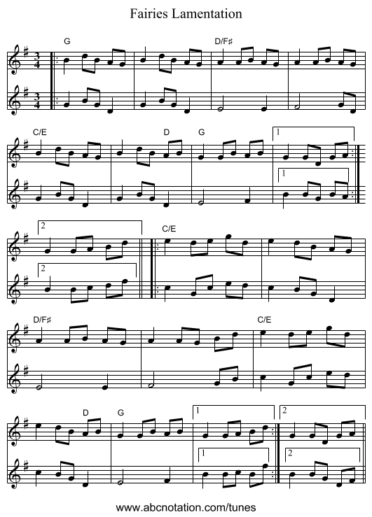 Fairies Lamentation - staff notation
