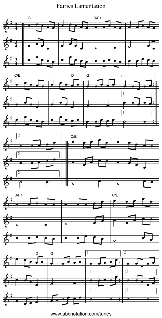 Fairies Lamentation - staff notation