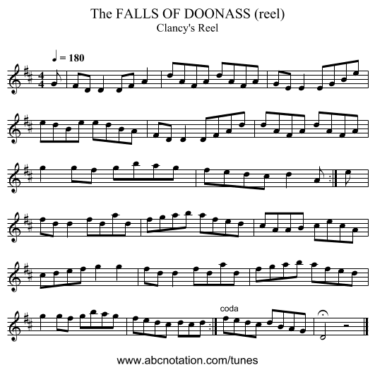 FALLS OF DOONASS (reel), The - staff notation
