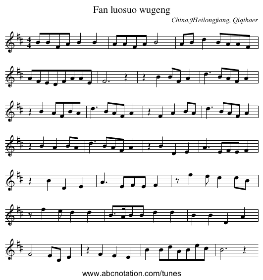 Fan luosuo wugeng - staff notation