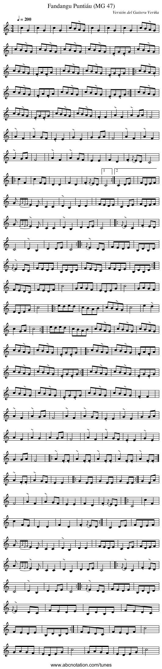 Fandangu Puntiáu (MG 47) - staff notation
