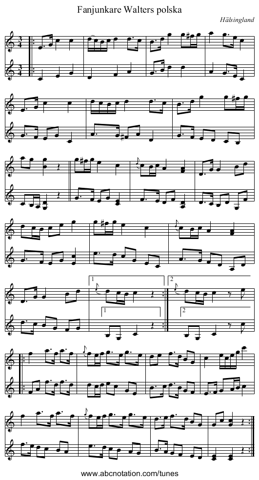 Fanjunkare Walters polska - staff notation