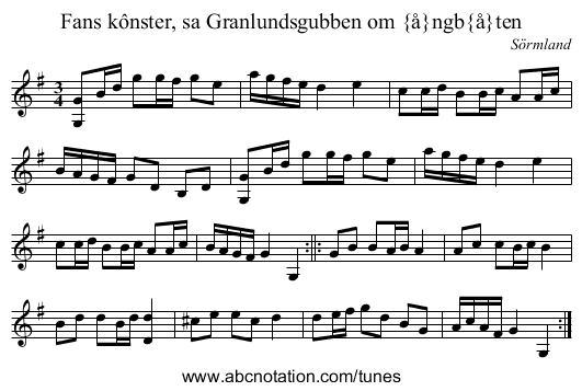 Fans k&ocirc;nster, sa Granlundsgubben om &aring;ngb&aring;ten - staff notation