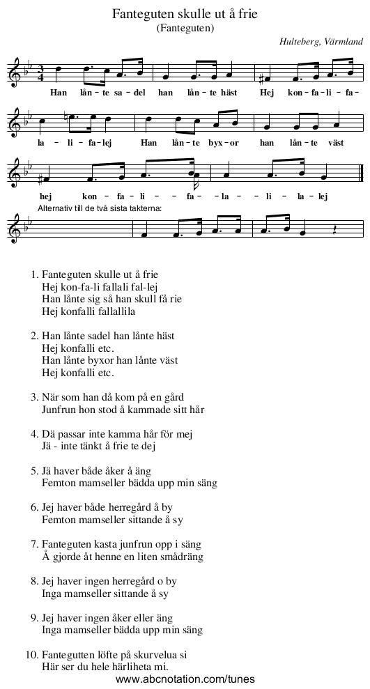 Fanteguten skulle ut å frie - staff notation