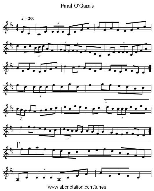 Faral O'Gara's - staff notation