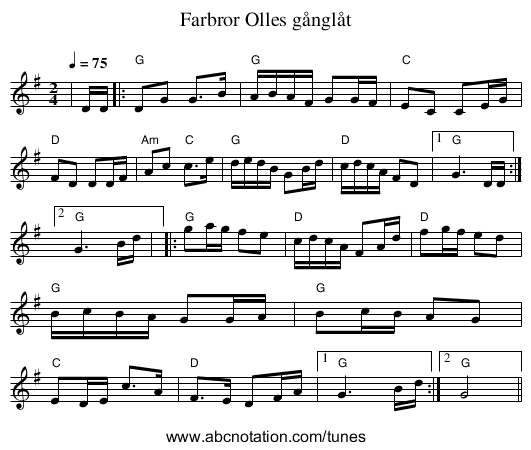 Farbror Olles gånglåt - staff notation