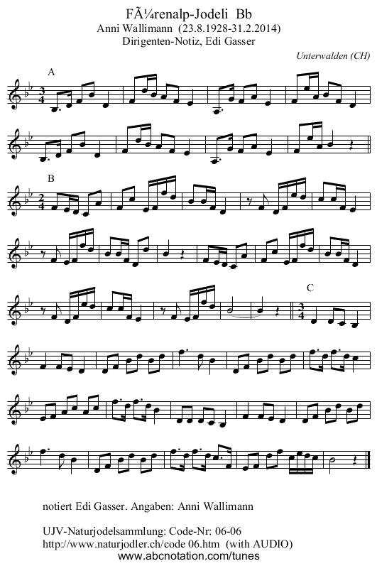 FÃ¼renalp-Jodeli  Bb - staff notation