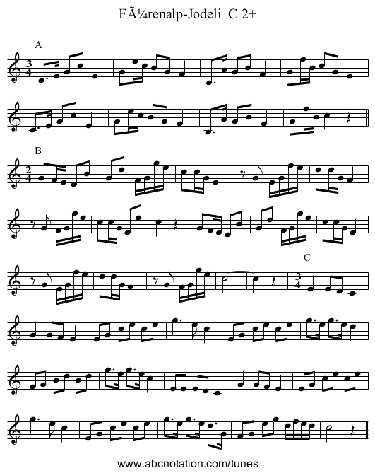 Fürenalp-Jodeli C 2+ - staff notation