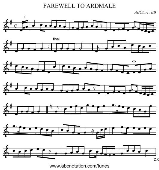 FAREWELL TO ARDMALE - staff notation