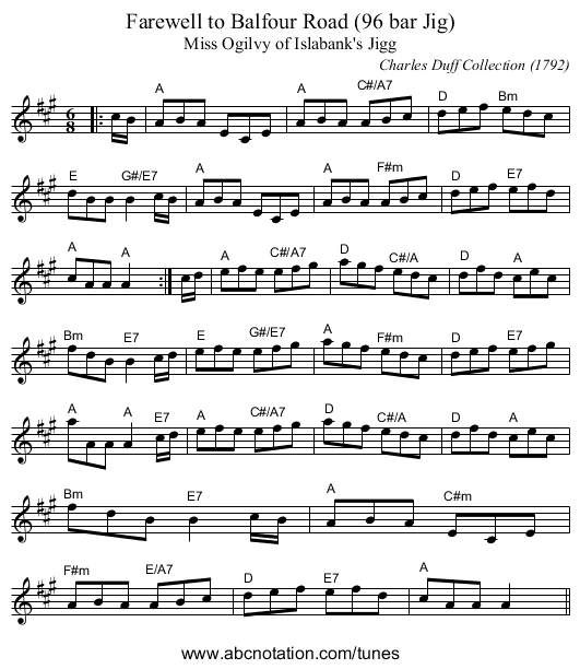 Farewell to Balfour Road (96 bar Jig) - staff notation