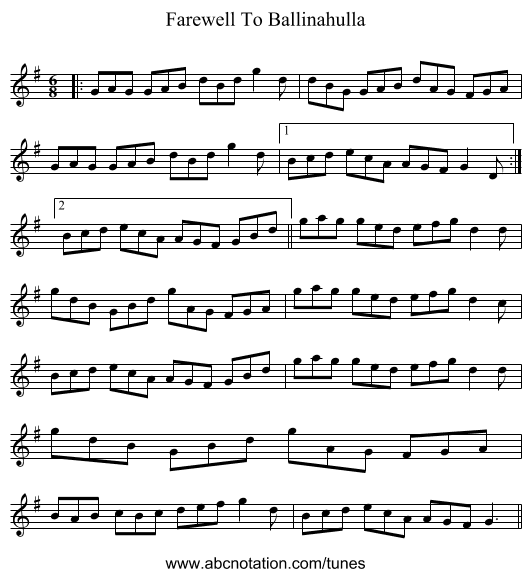 Farewell To Ballinahulla - staff notation