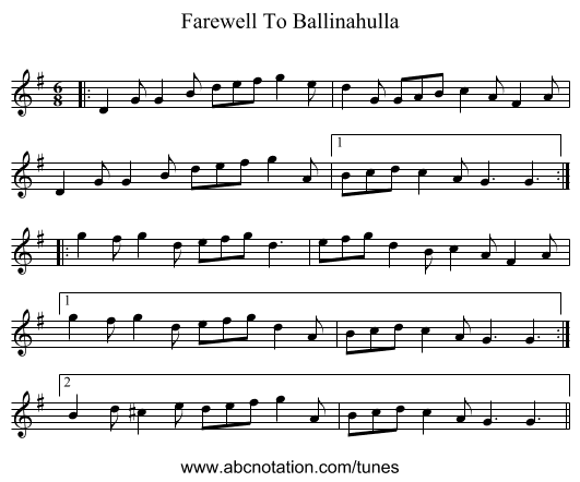 Farewell To Ballinahulla - staff notation