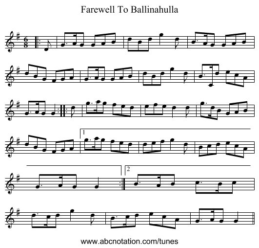 Farewell To Ballinahulla - staff notation