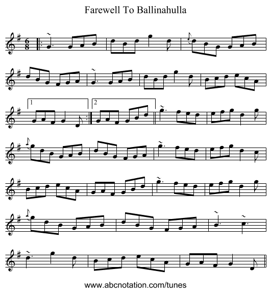 Farewell To Ballinahulla - staff notation
