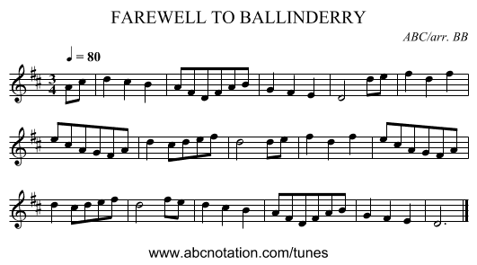 FAREWELL TO BALLINDERRY - staff notation