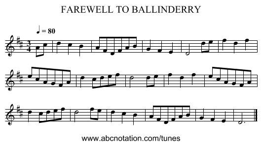 FAREWELL TO BALLINDERRY - staff notation
