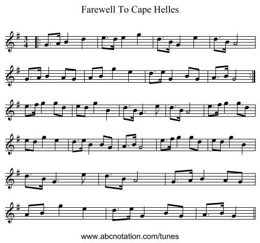 Farewell To Cape Helles - staff notation