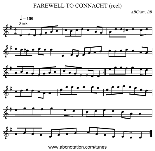 FAREWELL TO CONNACHT (reel) - staff notation