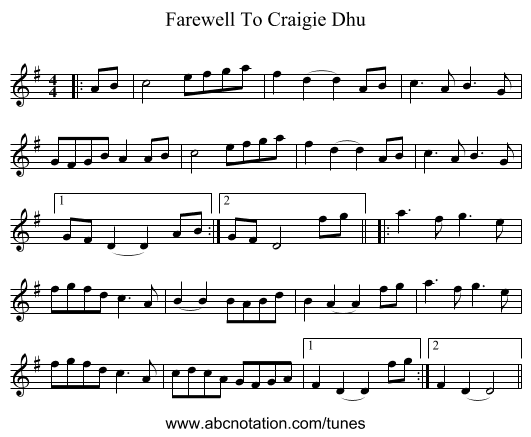 Farewell To Craigie Dhu - staff notation