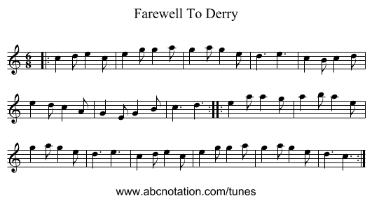 Farewell To Derry - staff notation