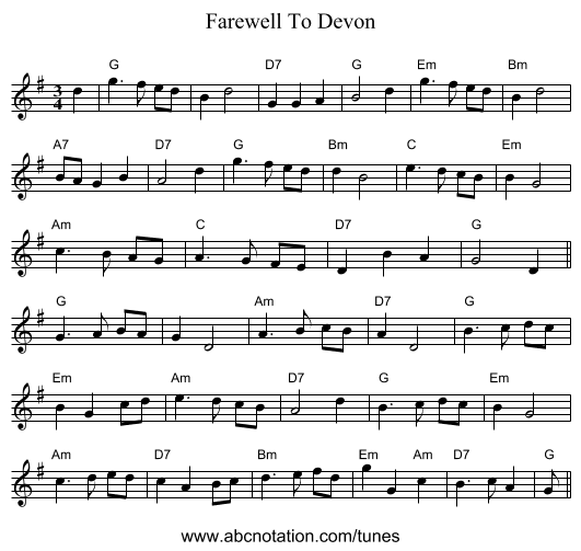 Farewell To Devon - staff notation
