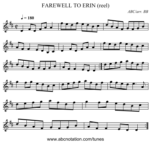 FAREWELL TO ERIN (reel) - staff notation