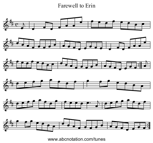 Farewell to Erin - staff notation