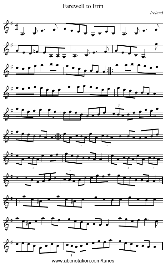 Farewell to Erin - staff notation