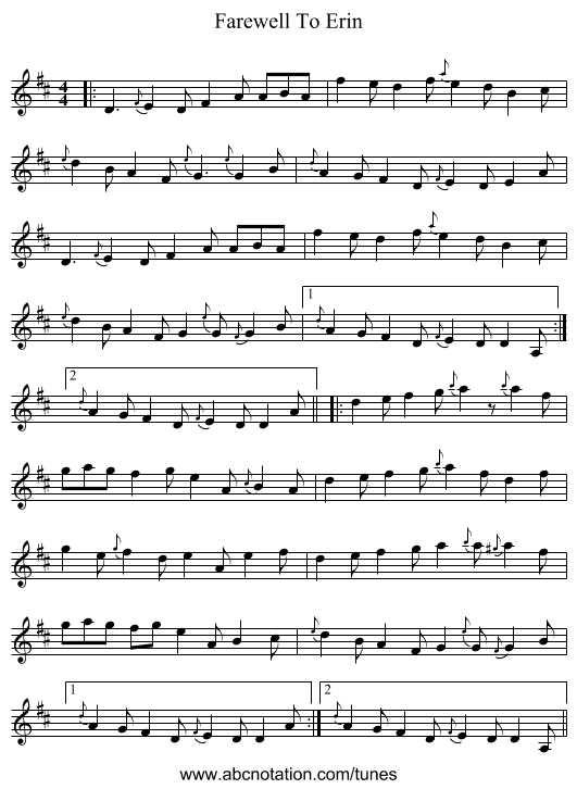 Farewell To Erin - staff notation