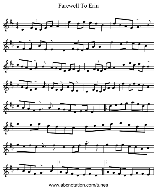 Farewell To Erin - staff notation