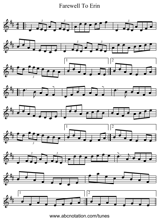Farewell To Erin - staff notation