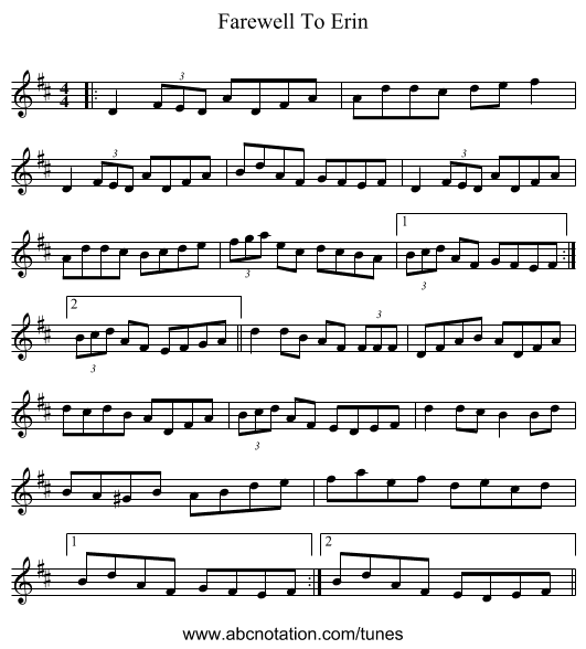 Farewell To Erin - staff notation