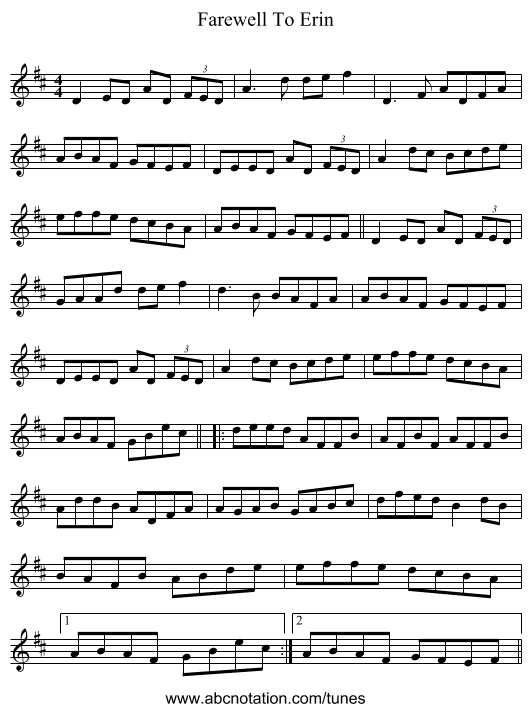 Farewell To Erin - staff notation