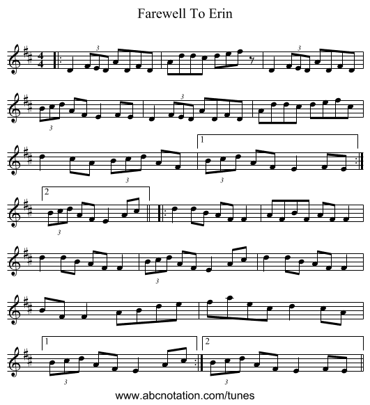 Farewell To Erin - staff notation