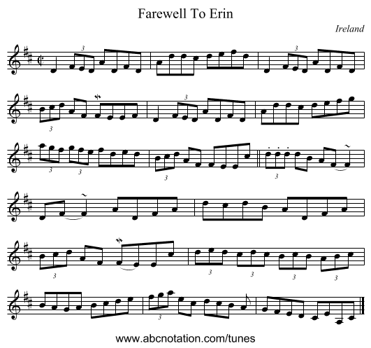 Farewell To Erin - staff notation