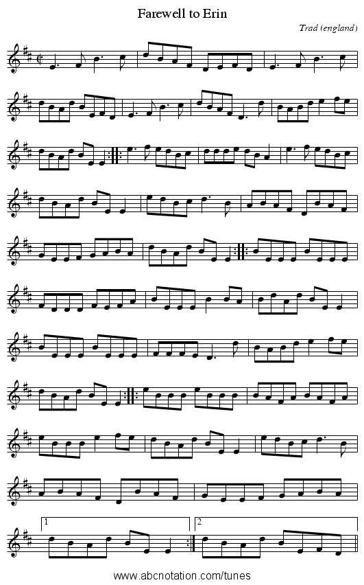 Farewell to Erin - staff notation