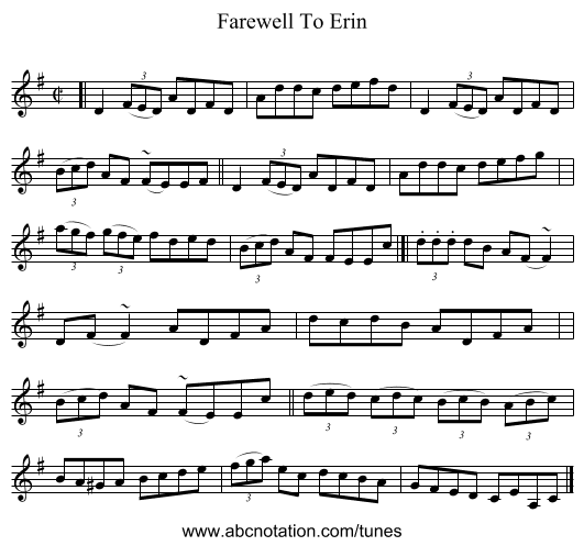 Farewell To Erin - staff notation