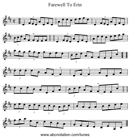 Farewell To Erin - staff notation