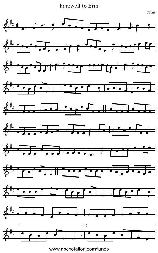 Farewell to Erin - staff notation