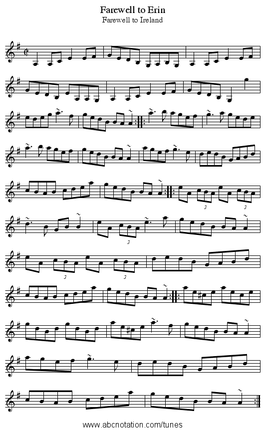 Farewell to Erin - staff notation
