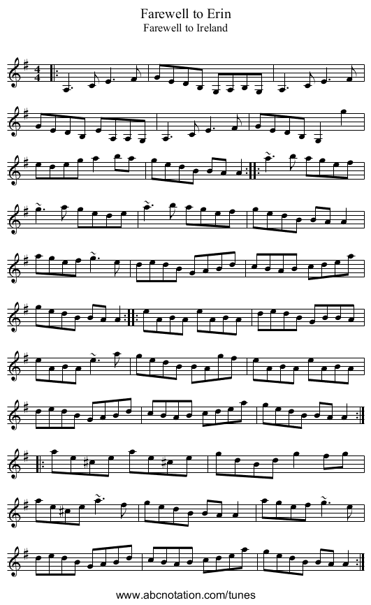 Farewell to Erin - staff notation