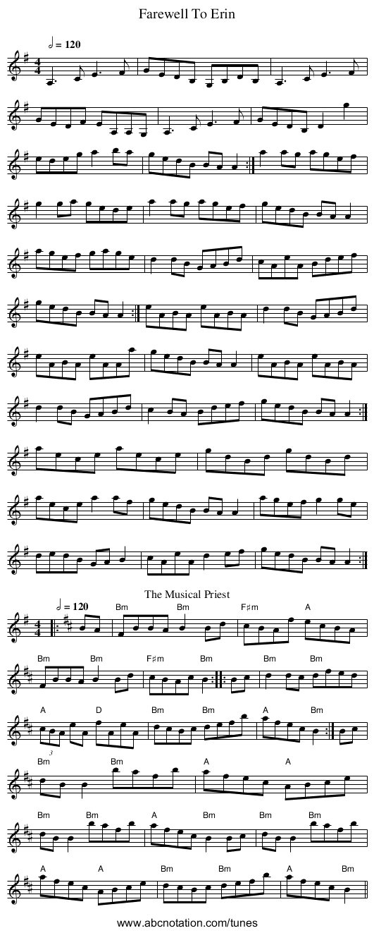Farewell To Erin - staff notation