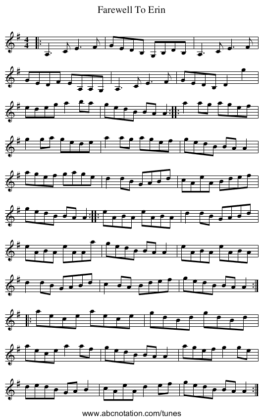 Farewell To Erin - staff notation