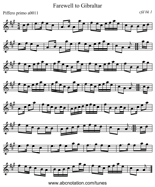 Farewell to Gibraltar - staff notation