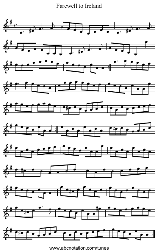 Farewell to Ireland - staff notation