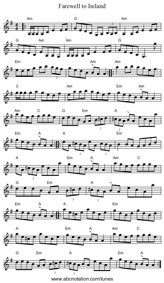 Farewell to Ireland - staff notation