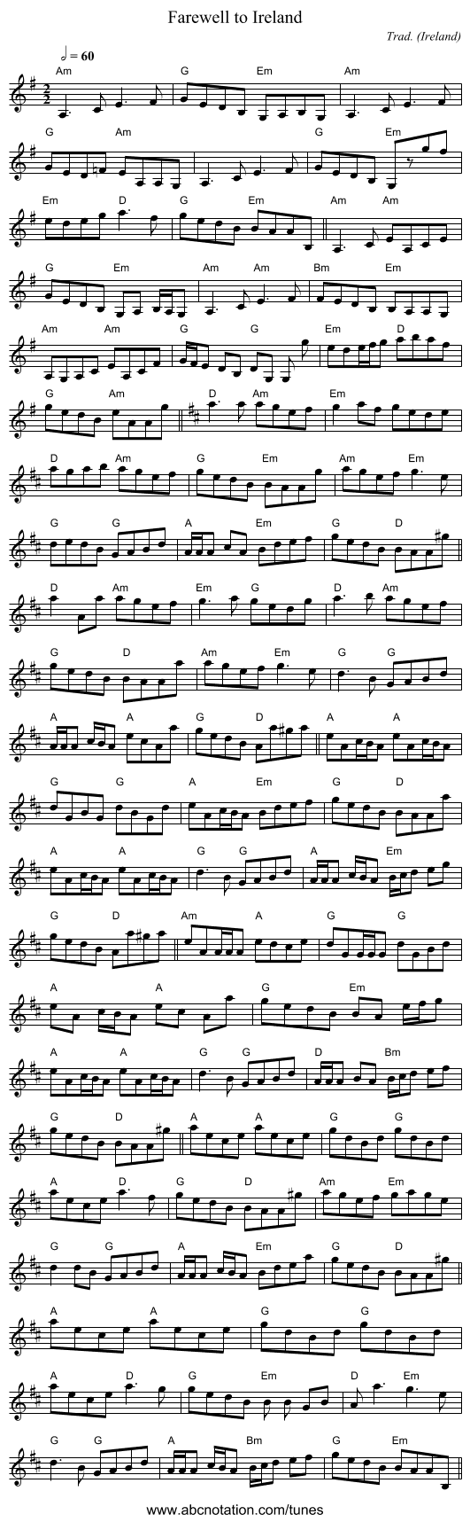 Farewell to Ireland - staff notation