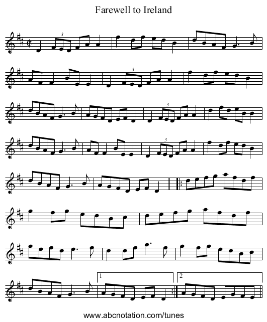 Farewell to Ireland - staff notation