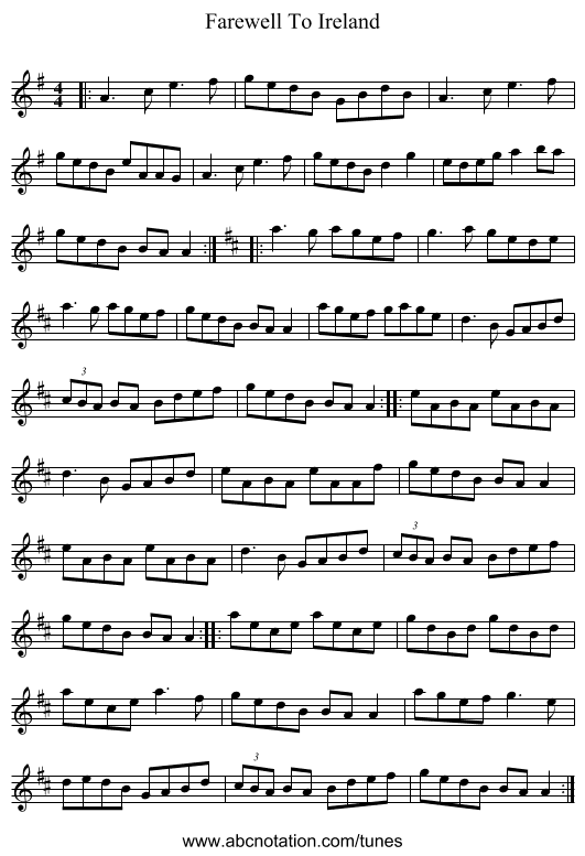 Farewell To Ireland - staff notation