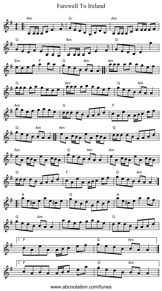 Farewell To Ireland - staff notation